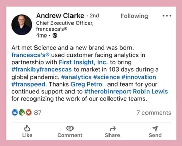 andrew clarke linkedin post about francescas and first insight